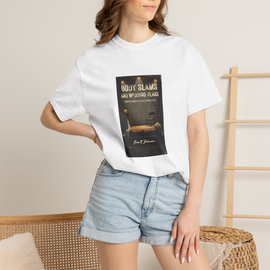 Book Cover Tee — "Body Slams and Wounded Plans" Literary T‑Shirt
