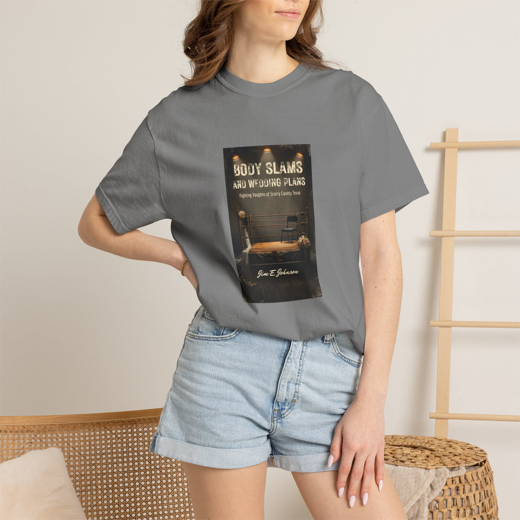 Book Cover Tee — "Body Slams and Wounded Plans" Literary T‑Shirt