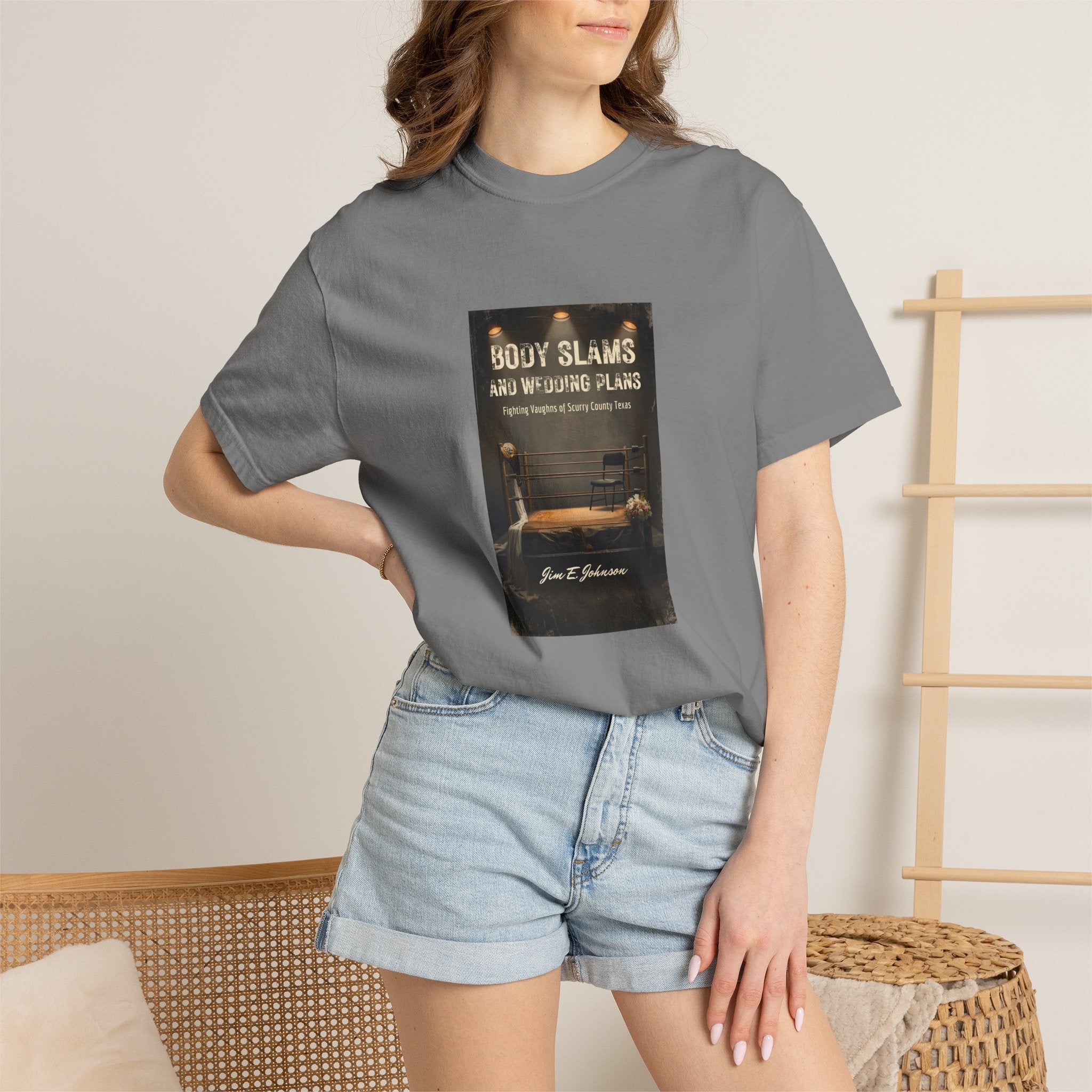 Book Cover Tee — "Body Slams and Wounded Plans" Literary T‑Shirt
