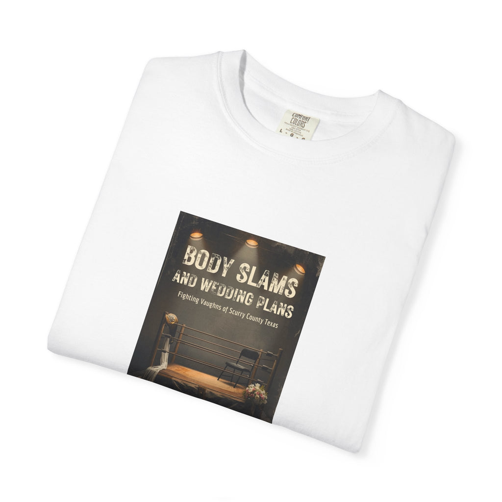 Book Cover Tee — "Body Slams and Wounded Plans" Literary T‑Shirt