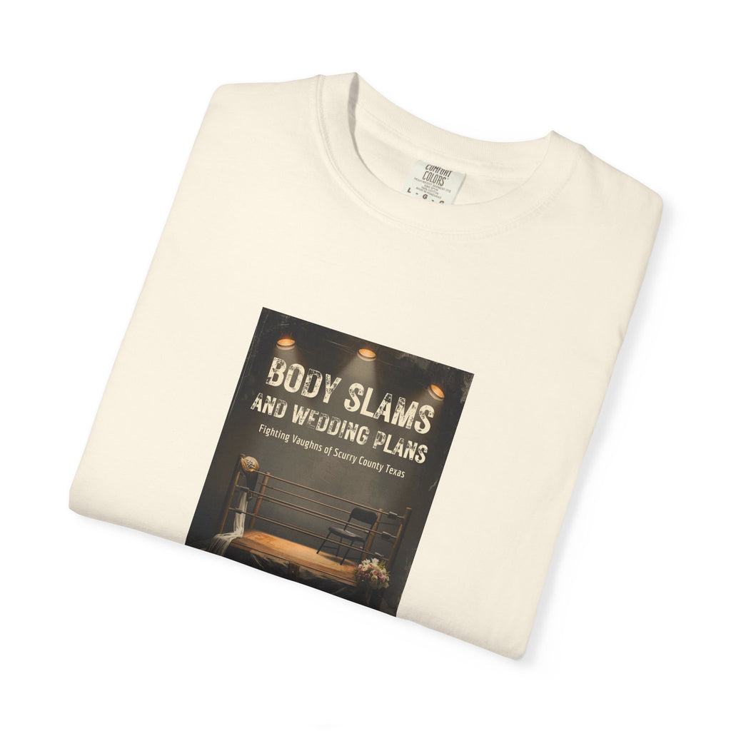 Book Cover Tee — "Body Slams and Wounded Plans" Literary T‑Shirt