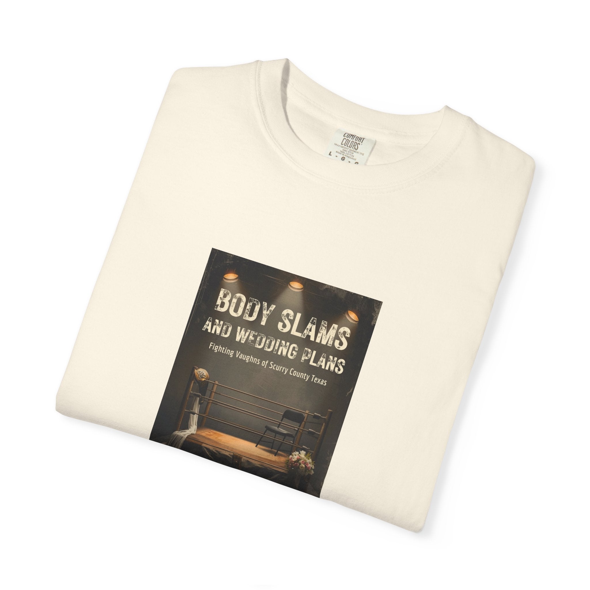 Book Cover Tee — "Body Slams and Wounded Plans" Literary T‑Shirt