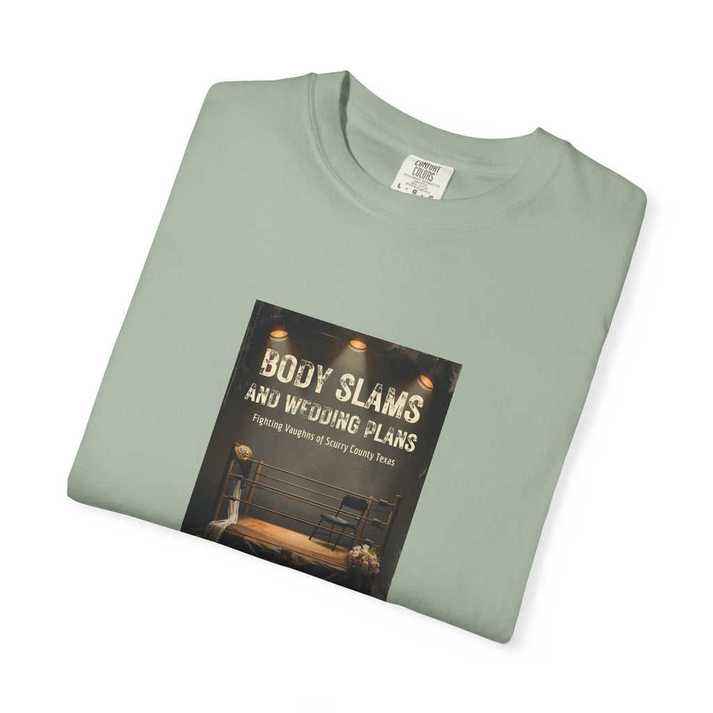 Book Cover Tee — "Body Slams and Wounded Plans" Literary T‑Shirt