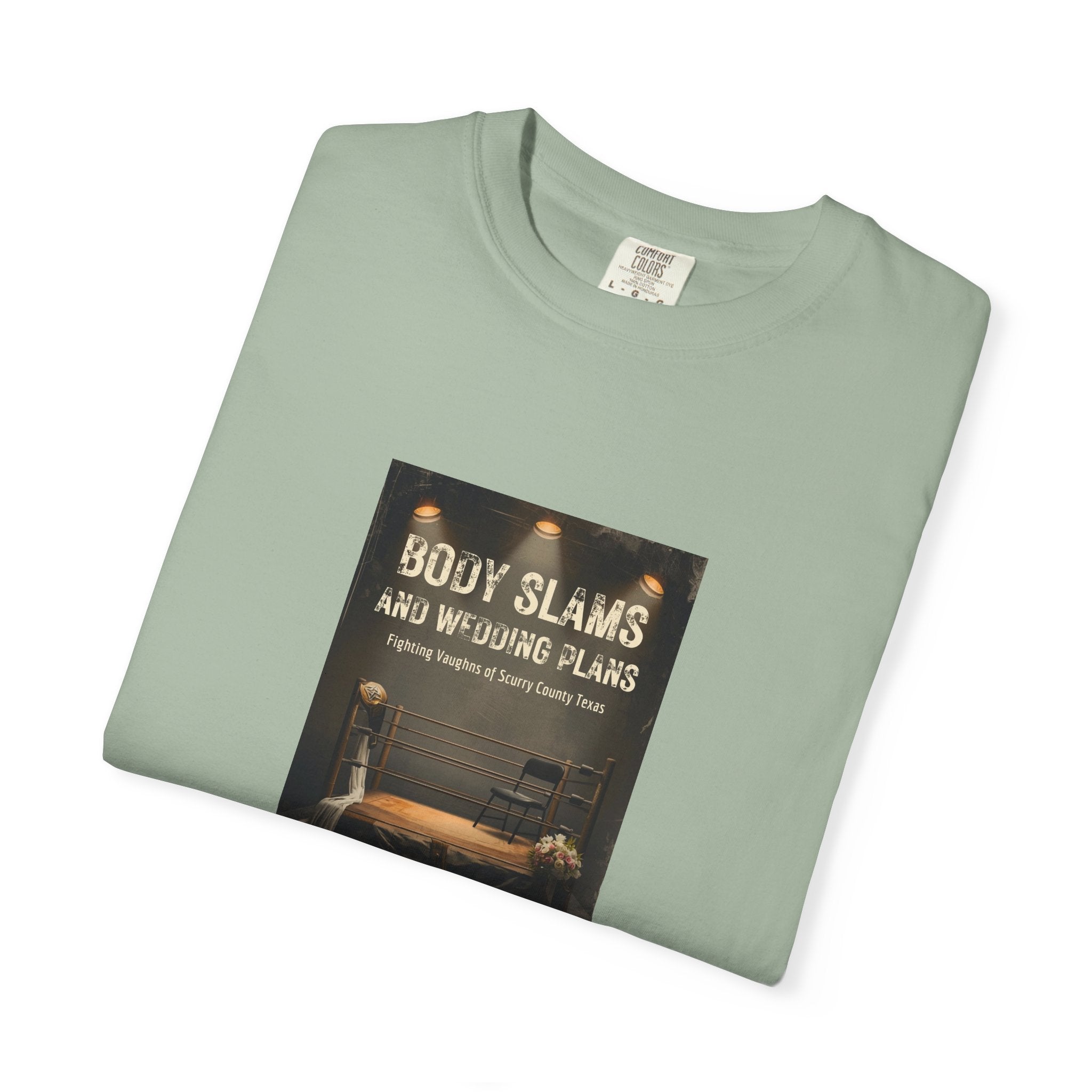 Book Cover Tee — "Body Slams and Wounded Plans" Literary T‑Shirt