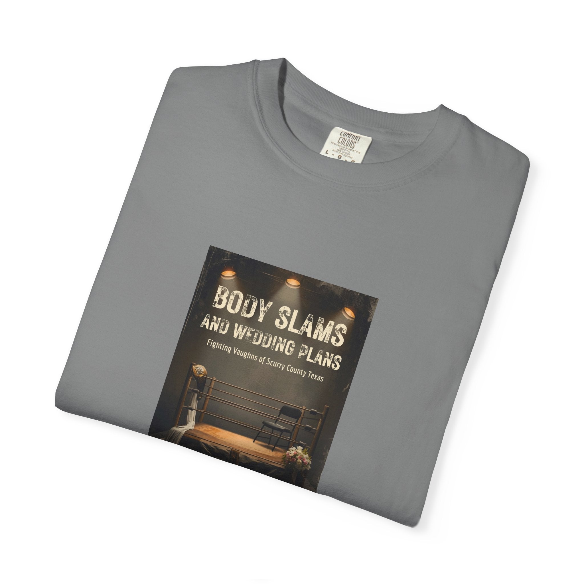 Book Cover Tee — "Body Slams and Wounded Plans" Literary T‑Shirt